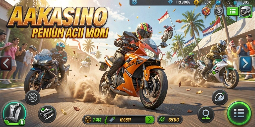 Screenshot gameplay AAKASINO yang menampilkan aksi balapan motor yang seru.