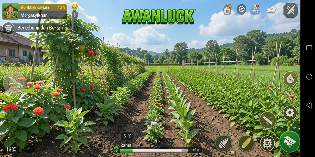 Tampilan gameplay <strong>AWANLUCK</strong> yang menampilkan peternakan yang indah dan subur.