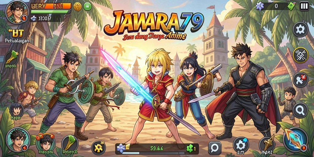 Screenshot utama JAWARA79 menampilkan pertarungan karakter Anime yang dinamis.