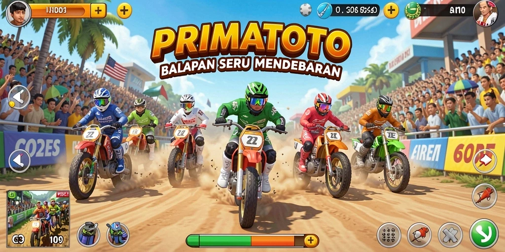 Screenshot gameplay PRIMATOTO menampilkan aksi balapan mendebarkan.
