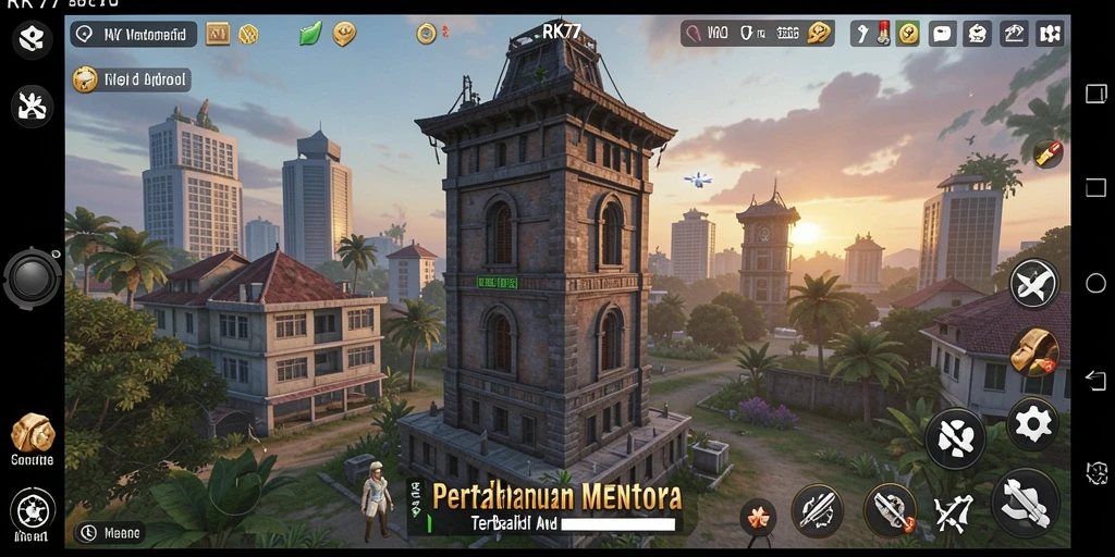 Tampilan gameplay menara dalam RK77 dengan strategi pertahanan yang epik.