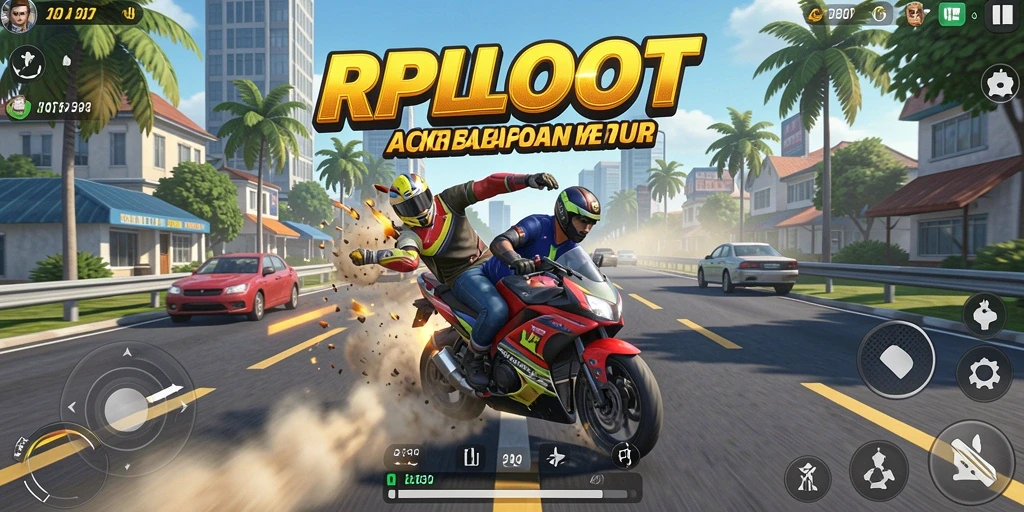 Tangkapan layar utama RPLOOT memperlihatkan aksi balapan yang intens dan grafis yang memukau.