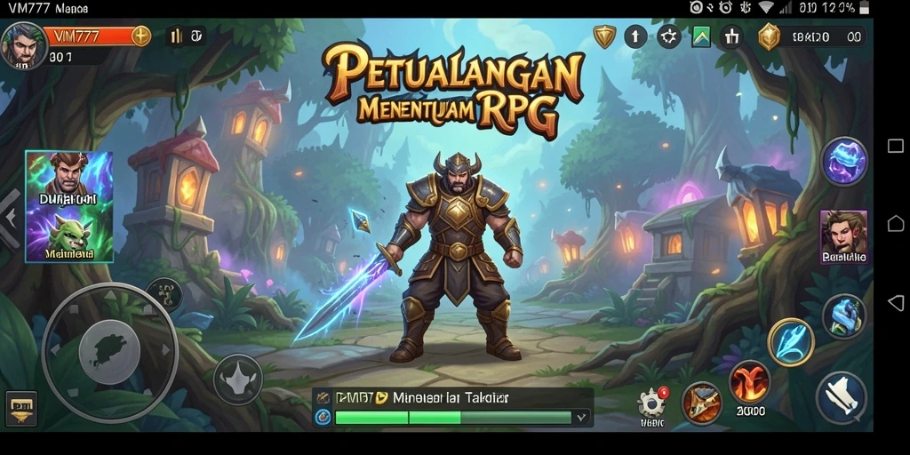 Screenshot VM777 menampilkan karakter yang sedang bertarung dalam dunia RPG yang indah.